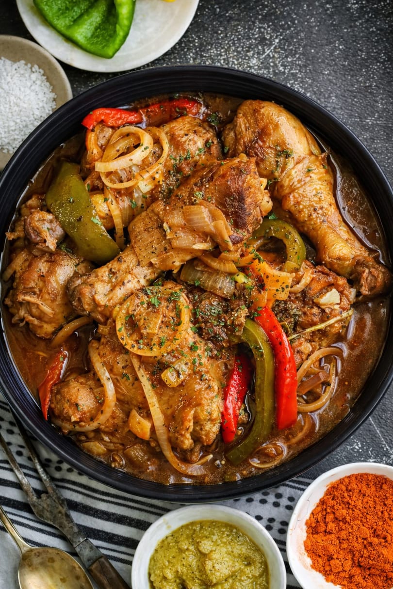 Haitian chicken stew with bell peppers and onions in a black bowl, with spices on the side.