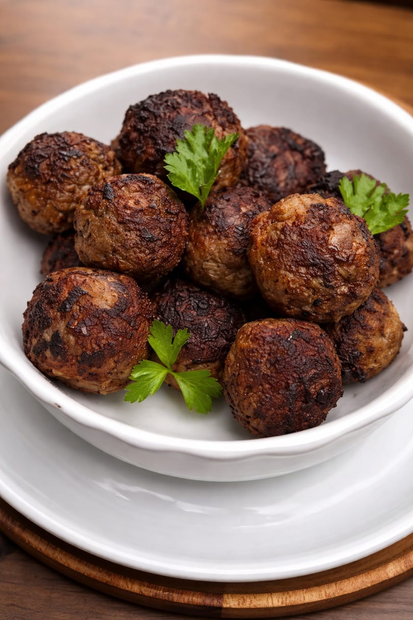 A white bowl filled with New Taste's Haitian meatballs, garnished with fresh parsley.
